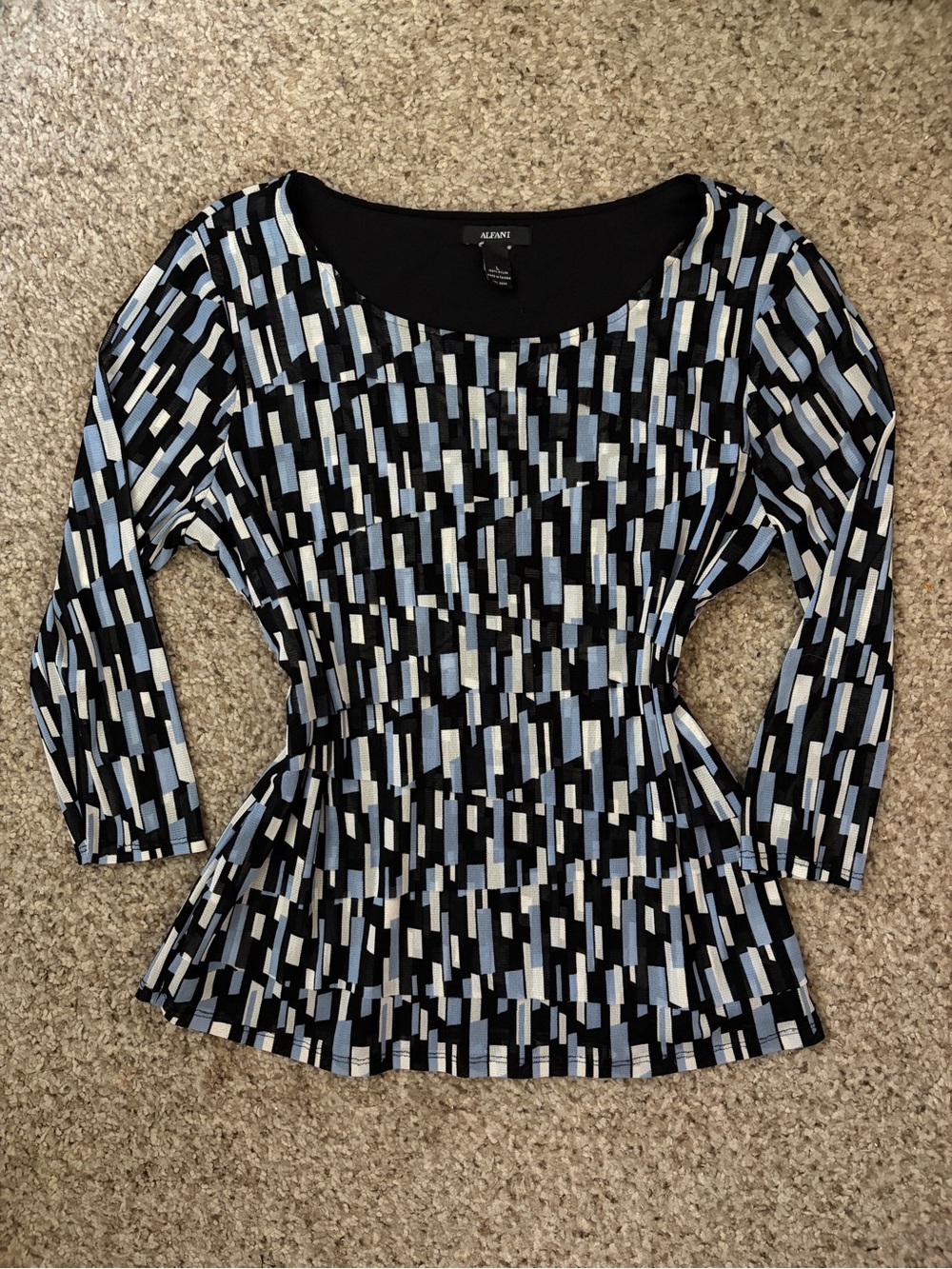 Alfani Black & Light Blue Geometric Scoop-Neck Peplum Top